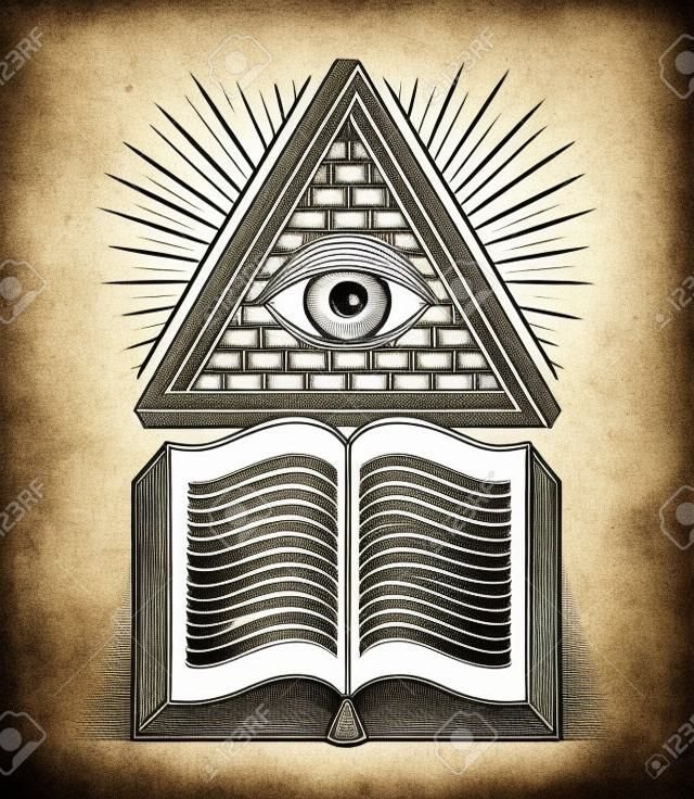 Secret knowledge vintage open book with all seeing eye of god in sacred geometry triangle, insight and enlightenment, masonry or illuminati symbol, vector or emblem design element.