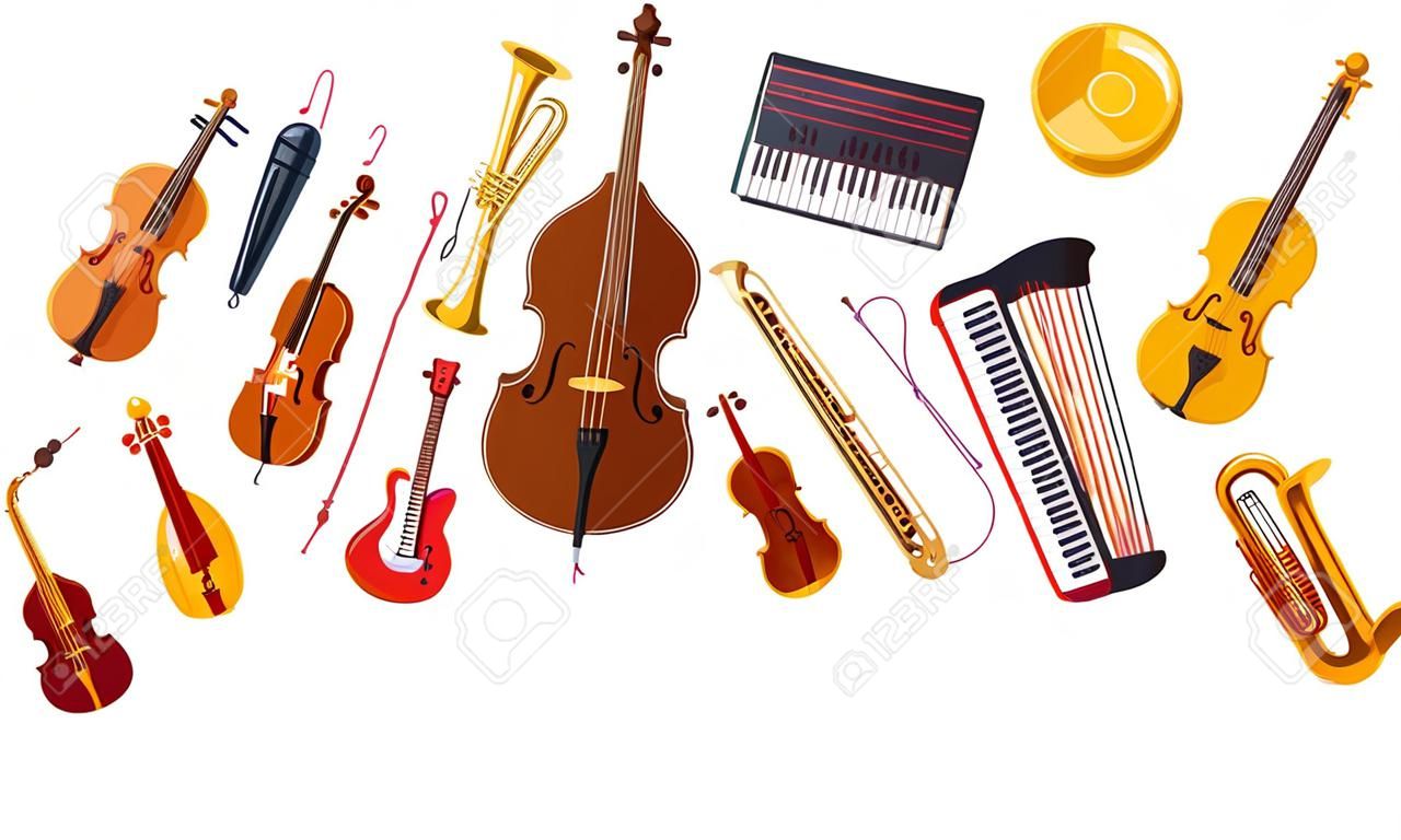 Orchestre de musique divers instruments vecteur illustration plate isolée sur fond blanc, concert ou festival de son en direct, groupe musical ou orchestre jouant et chantant des chansons.