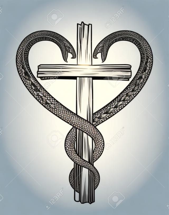 Croix chrétienne et deux serpents en forme de coeur, symbolisme religieux, logo vectoriel ou tatouage.