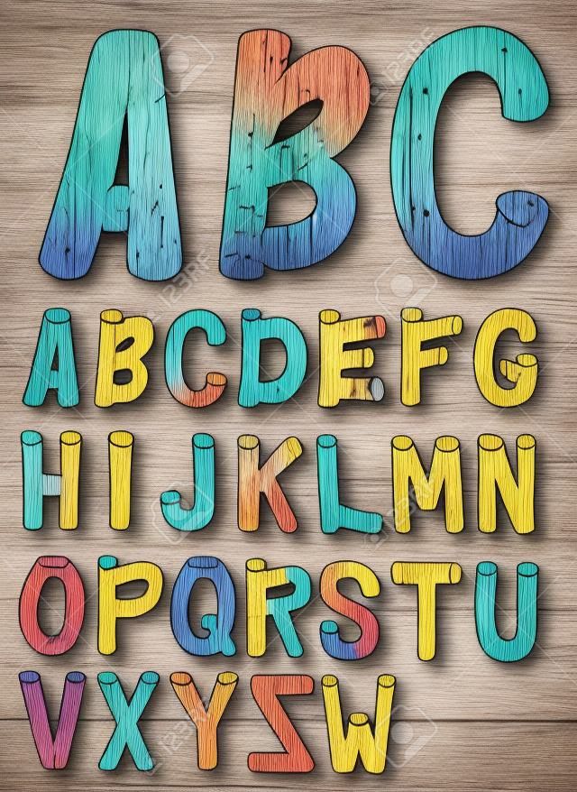Very detailed hand drawn and sketched wood font with crust, with real colors 