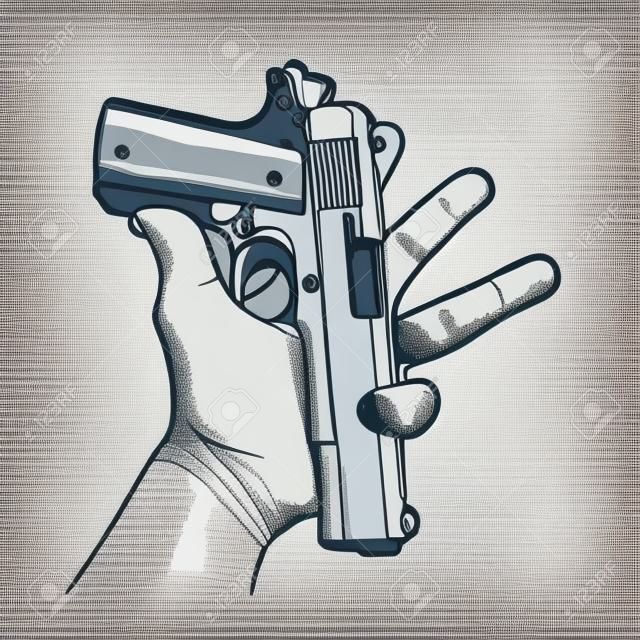 Main dessinée avec pistolet, illustration vectorielle.