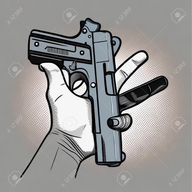 Main dessinée avec pistolet, illustration vectorielle.