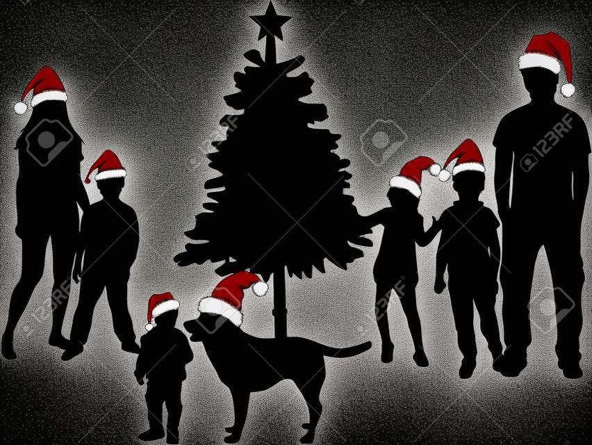 Famille à l'arbre de Noël. silhouettes noires.