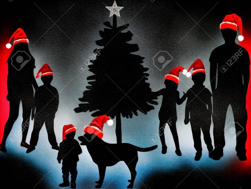 Família na árvore de Natal. silhuetas pretas.
