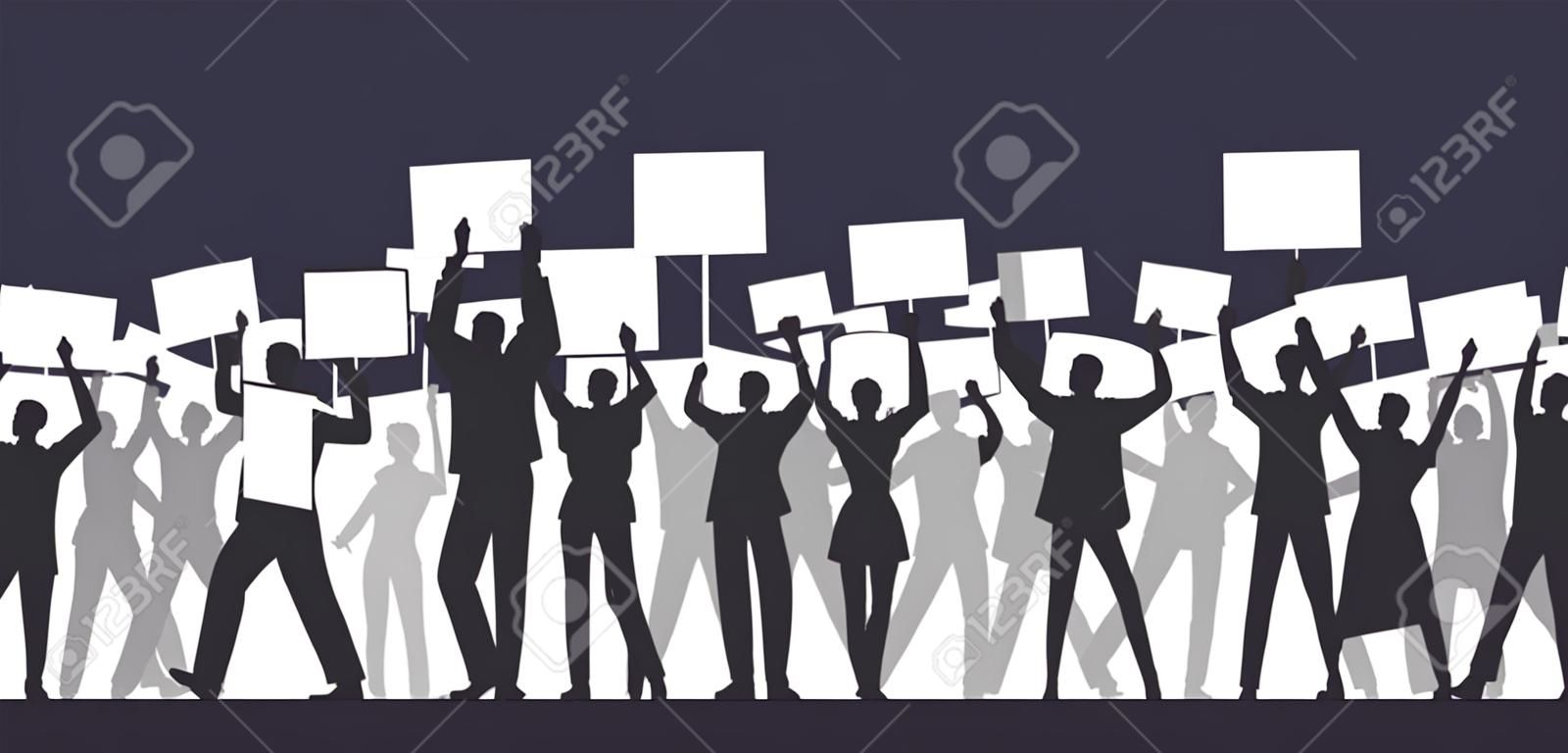 Protest. People holding placards. Persons standing together with blank banners. Group of men and women with banners taking part in parade, picket, protests. Social activism. Vector illustration.
