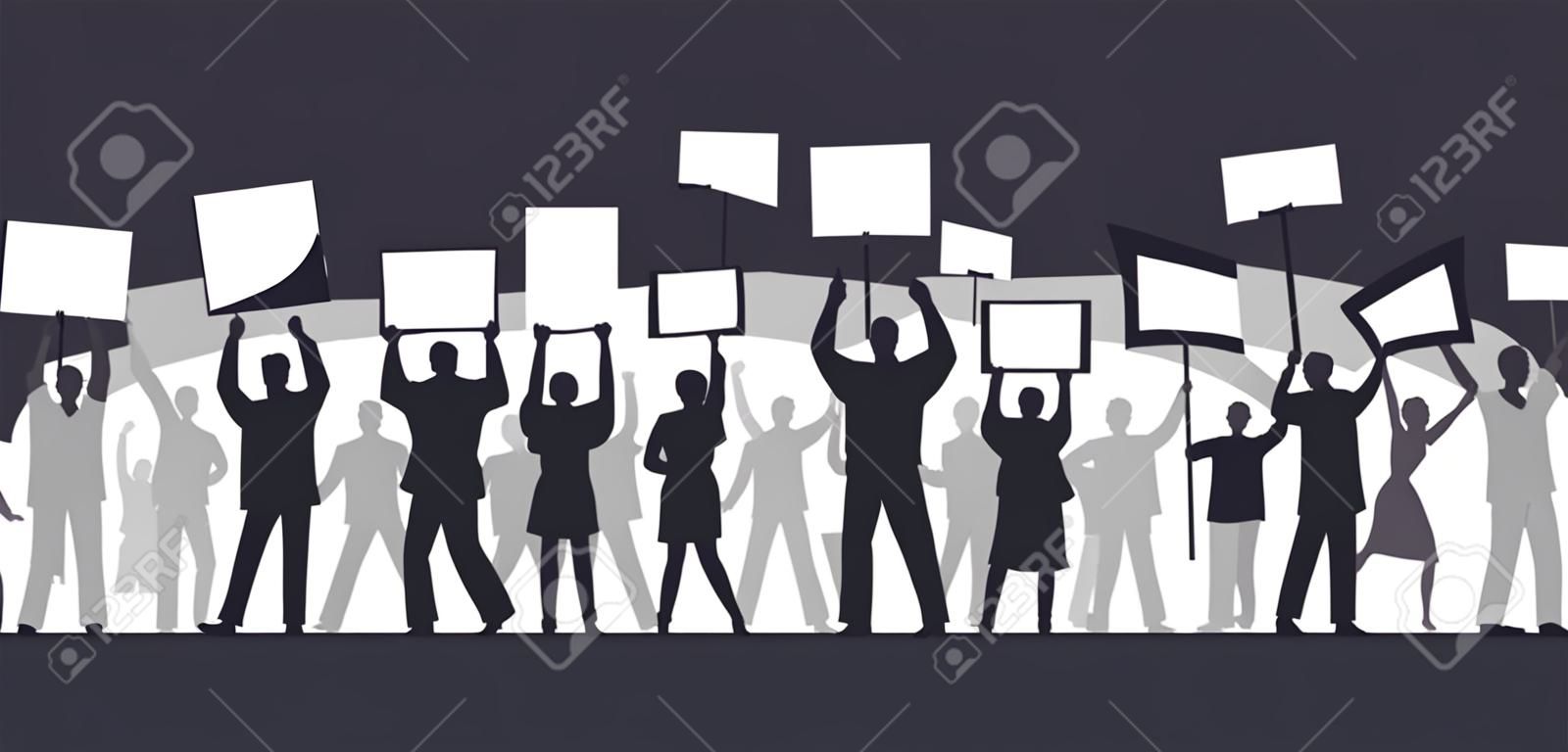 Protest. People holding placards. Persons standing together with blank banners. Group of men and women with banners taking part in parade, picket, protests. Social activism. Vector illustration.