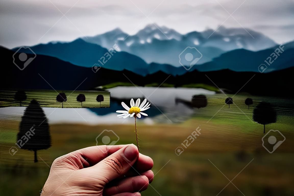 Chamomile flower in hand on background of mountains and lake