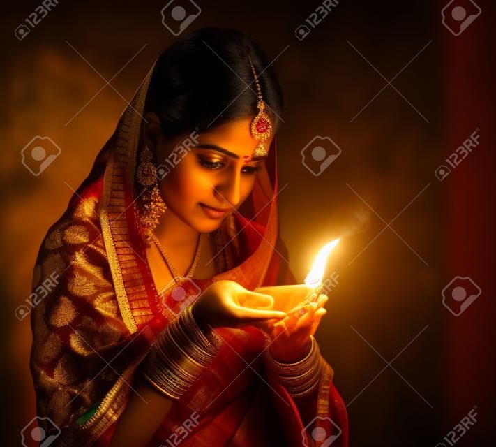 Hermosa joven india en sari vestimenta tradicional de la celebración de una lámpara de aceite Diwali, aislado sobre fondo negro.