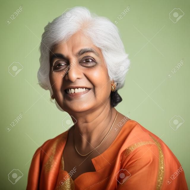 Retrato de uma mulher madura indiana dos anos 50 que sorri, isolado no fundo branco.