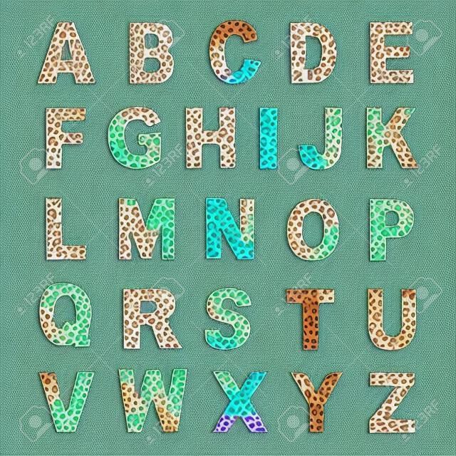 Trendy alphabet set, leopard pattern design, vector illustration, font