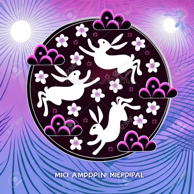 Mid autumn festival greeting card, invitation with jade rabbits, moon silhouette, pink chrysanthemum flowers, cherry blossoms and chinese clouds.Asian design, vector illustration background.