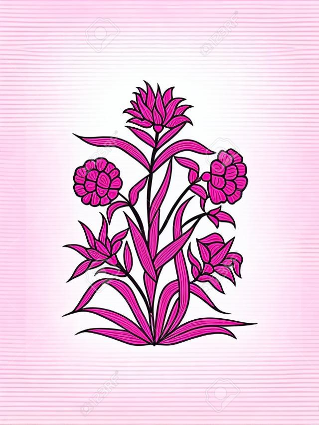 나무 블록 인쇄 벡터 꽃 요소입니다. 인도 무굴의 전통적인 동양 민족 모티브, 흰색 배경에 격리된 분홍색 카네이션 다발. 당신의 디자인을 위해.