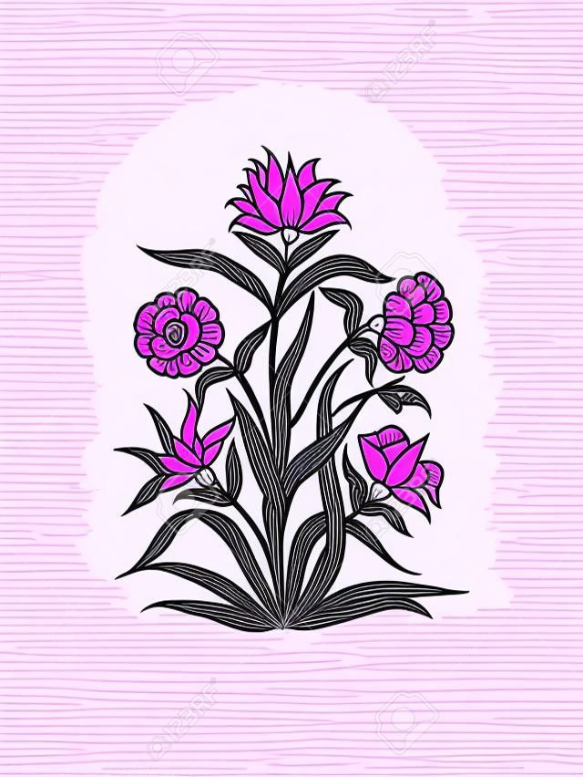 Holzblock drucken florales Vektorelement. Traditionelles orientalisches ethnisches Motiv von India Mogul, Bündel rosa Nelken isoliert auf weißem Hintergrund. Für Ihre Gestaltung.