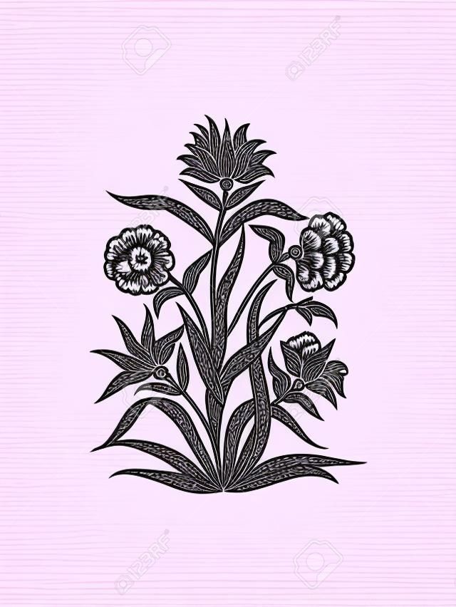 나무 블록 인쇄 벡터 꽃 요소입니다. 인도 무굴의 전통적인 동양 민족 모티브, 흰색 배경에 격리된 분홍색 카네이션 다발. 당신의 디자인을 위해.