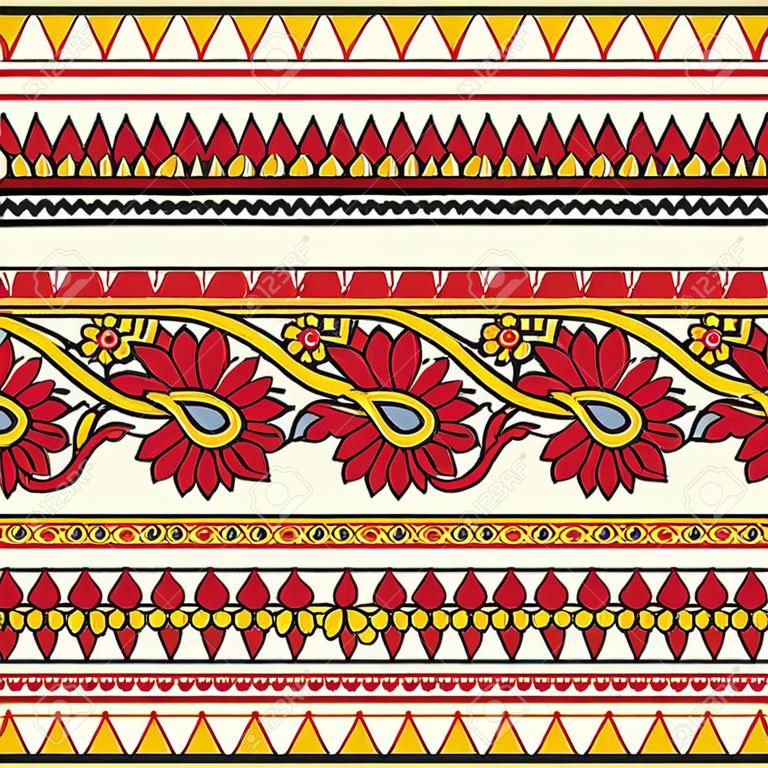 Bordo floreale etnico senza cuciture stampato a blocchi di legno. Ornamento tradizionale orientale dell'India, motivo a meandro con fiori rossi e gialli su fondo ecru. Design tessile.