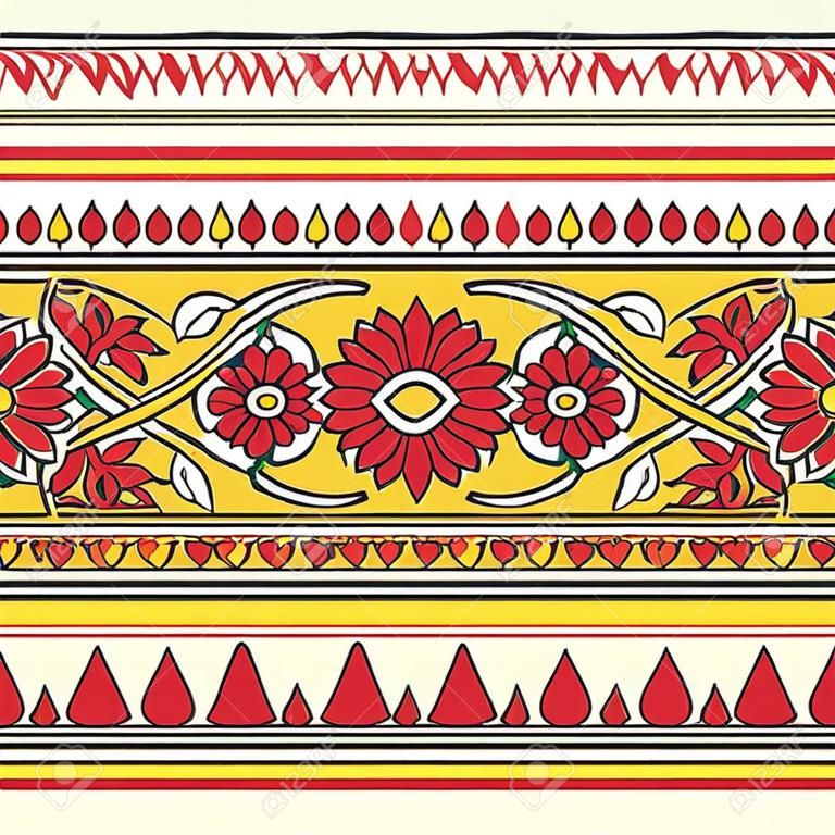 Bordo floreale etnico senza cuciture stampato a blocchi di legno. Ornamento tradizionale orientale dell'India, motivo a meandro con fiori rossi e gialli su fondo ecru. Design tessile.