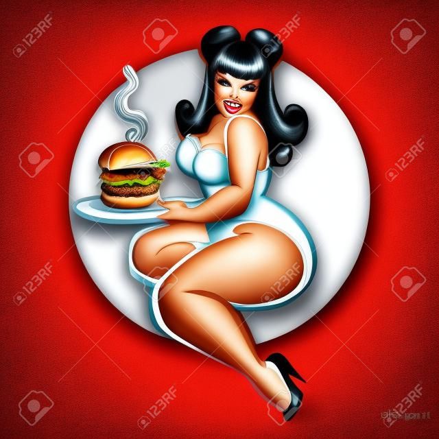 美女加上大小的封面女郎与巨大的美味汉堡