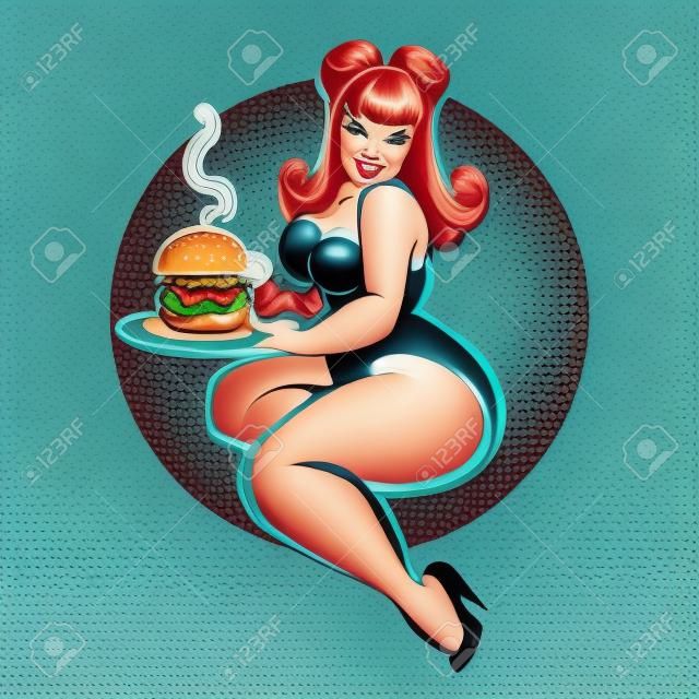 szépség molett elsőrendű lány, hatalmas ízletes burger