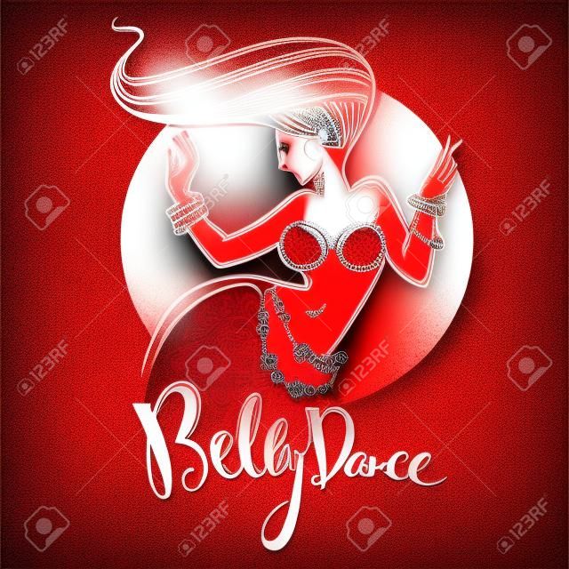 Imagen roja de la señora de la danza de vientre de la pista y composición de letras para su logotipo