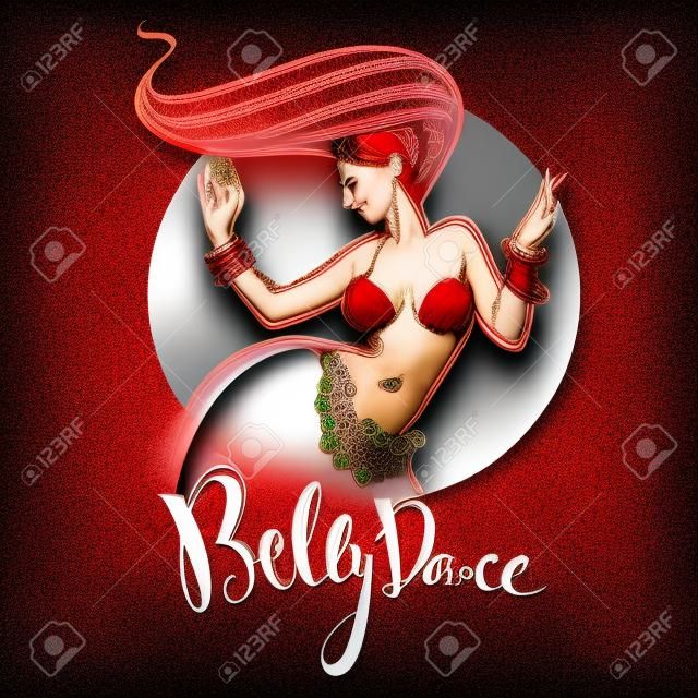 Red head belly dance lady image and lettering composition for your logo