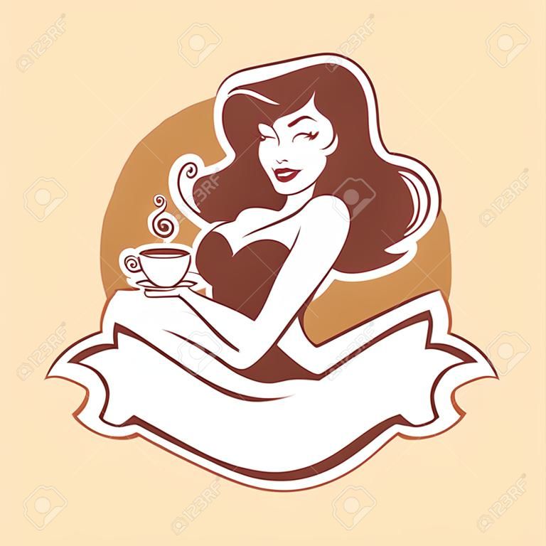 Szépség pinup nő csésze tea vagy kávé, logo étterem, kávézó vagy tea társaság