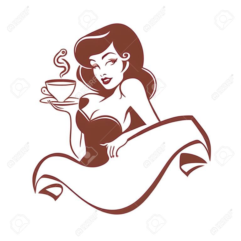 Szépség pinup nő csésze tea vagy kávé, logo étterem, kávézó vagy tea társaság