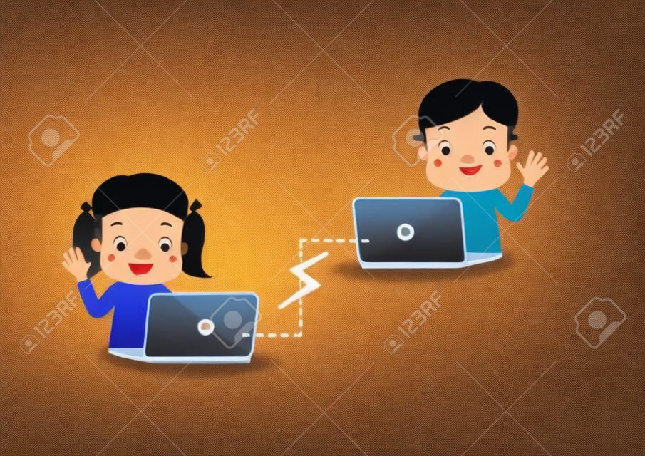 Boys and girls enjoying video calls using a computer