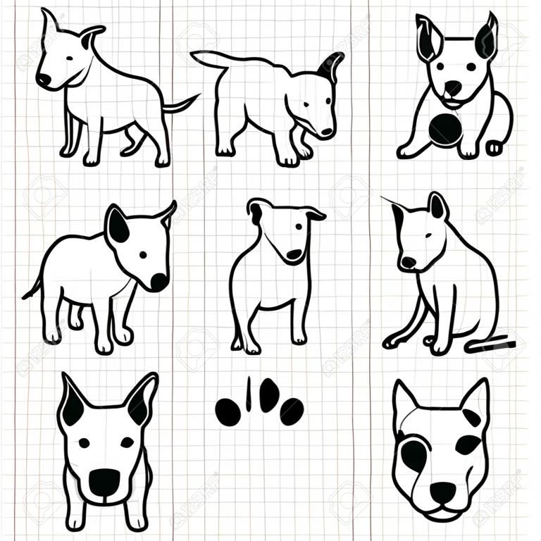 Rysowanie linii Bulterier pies ustawiony na użyciu papieru siatki dla elementów projektu.