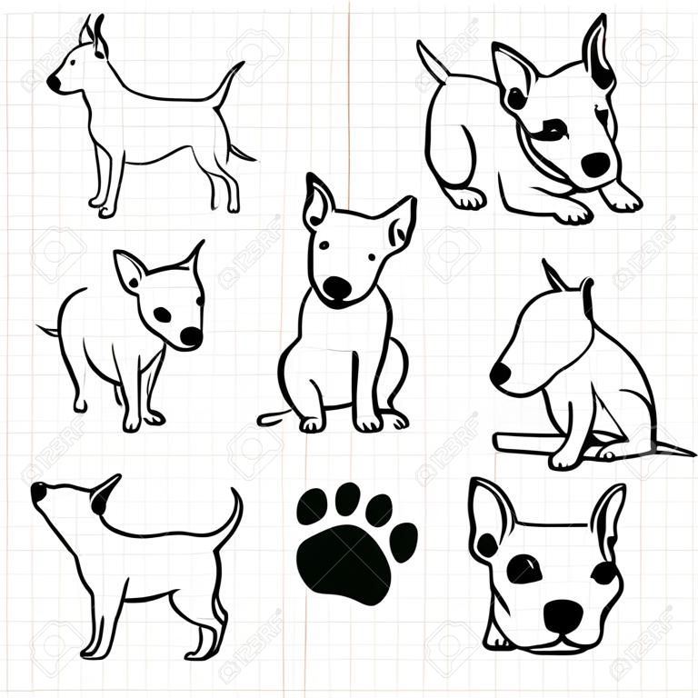 Dibujo lineal de Bull terrier perro encuentra en uso la red de papel para el diseño de elementos.
