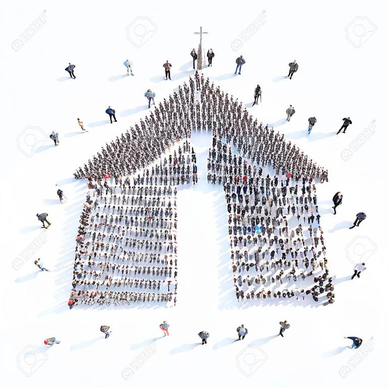 Grote groep mensen in de vorm van de kerk. Flashmob, geïsoleerde, witte achtergrond.