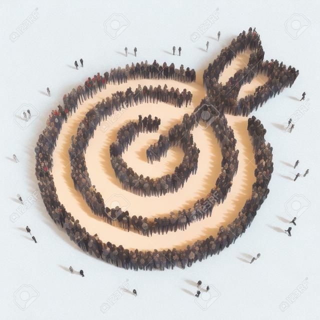 A large group of people in the shape of a target with an arrow. Isolated, white background.