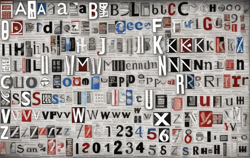 Newspaper, magazine alphabet with letters, numbers and symbols. Isolated on white background.