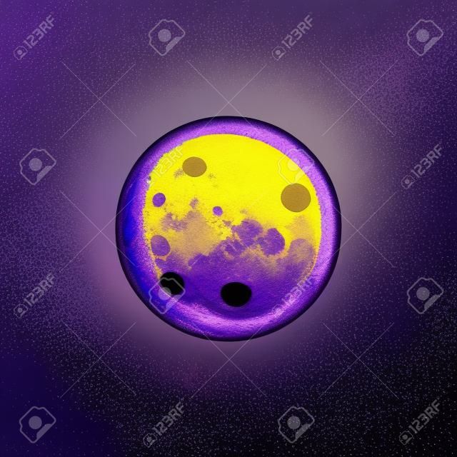 vector illustratie, gele maan op donker paars / blauwe achtergrond, zichtbare kraters op de maan