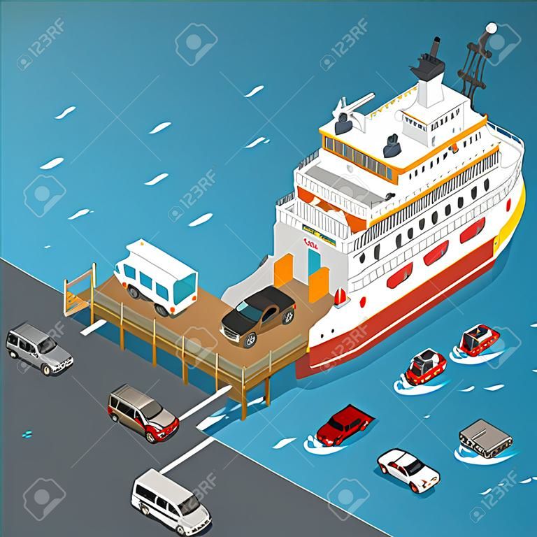 Isometric view of Ferry Ship Loading vehicles