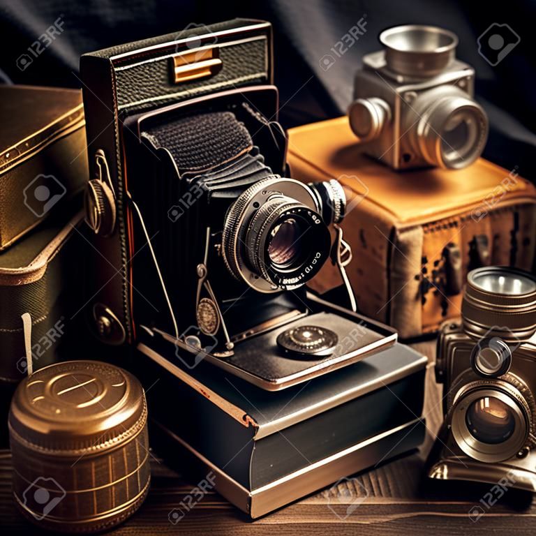 Vintage camera and old books on a wooden table. Photo in old color image style