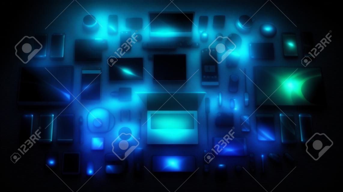 Highly rendering of a set of electronic devices on a dark background