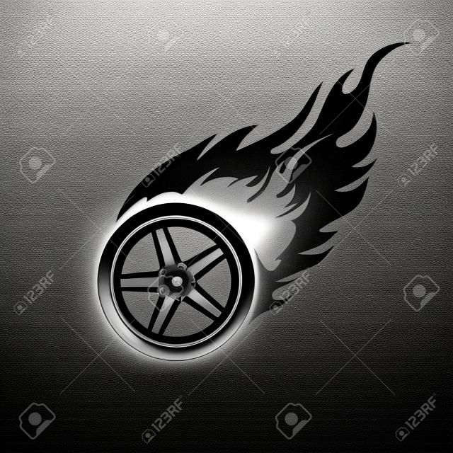 Logotipo preto e branco de uma roda de carro em chamas
