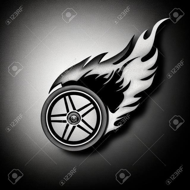 Logotipo en blanco y negro de una rueda de coche en llamas