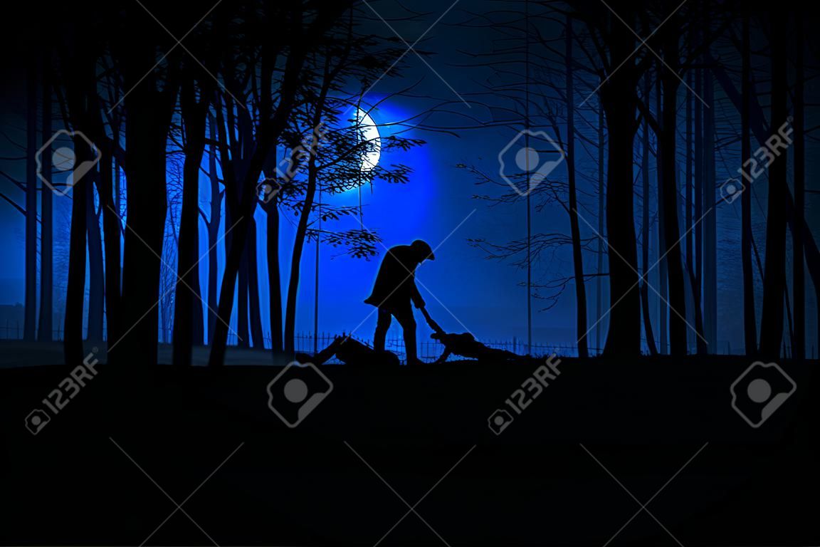 Murder in the park. Maniac drags his dead victim. Maniac kills his victim in the night deserted park. Silhouettes in night foggy forest