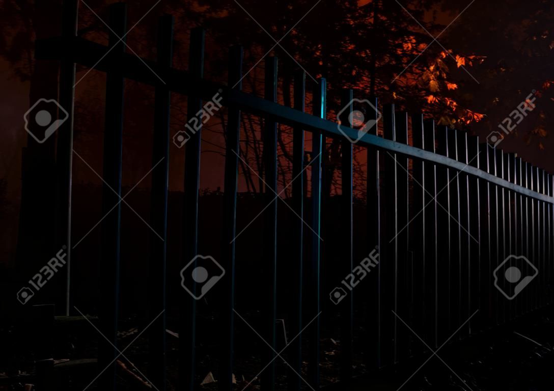 fence in a cemetery on a foggy autumn night.