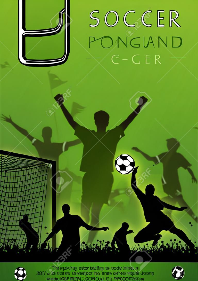 Poster di calcio con giocatori e tifosi su sfondo grunge, elemento per la progettazione