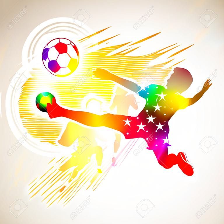 Bright Rainbow Silhouette Soccer Player and Fans on grunge background, vector illustration