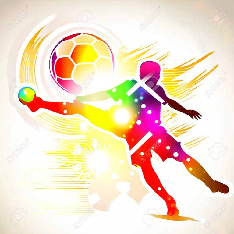 Bright Rainbow Silhouette Soccer Player and Fans on grunge background, vector illustration