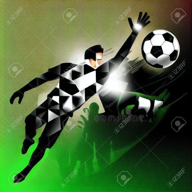 Jogador de futebol de silhueta Goalkeeper e fãs no padrão de mosaico no fundo grunge, ilustração vetorial.