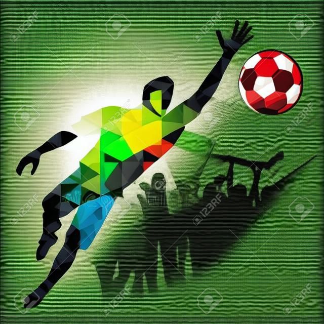 グランジ背景ベクトル イラストにサッカー選手ゴールキーパーとモザイク パターンでファンをシルエットします。