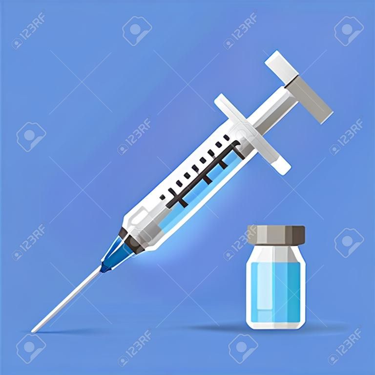Medizinische medizinische Spritze der Ikone mit Nadel und Phiole in der flachen Art, Konzept der Impfung, Einspritzung, lokalisierte Vektorillustration