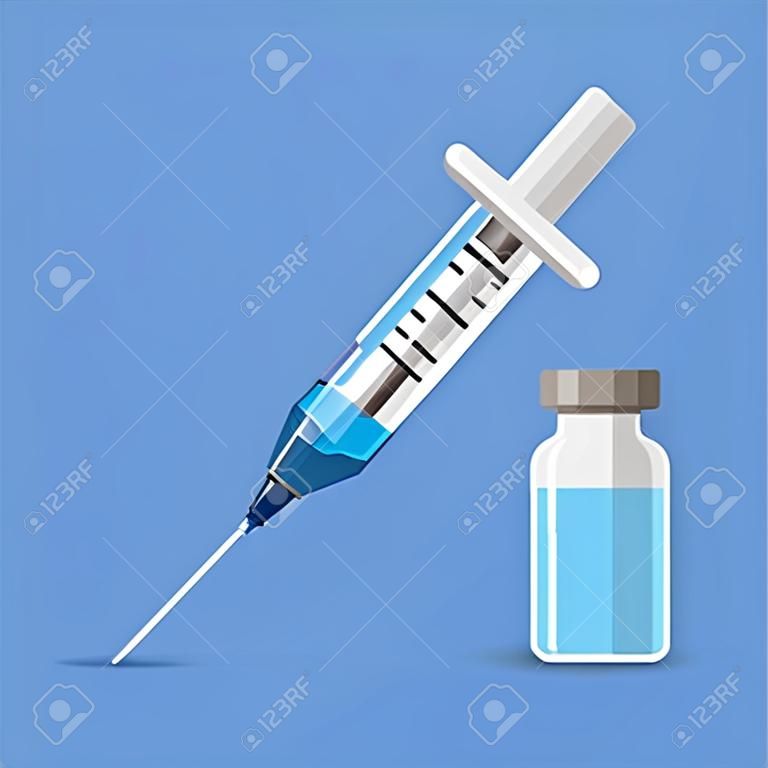 Medizinische medizinische Spritze der Ikone mit Nadel und Phiole in der flachen Art, Konzept der Impfung, Einspritzung, lokalisierte Vektorillustration