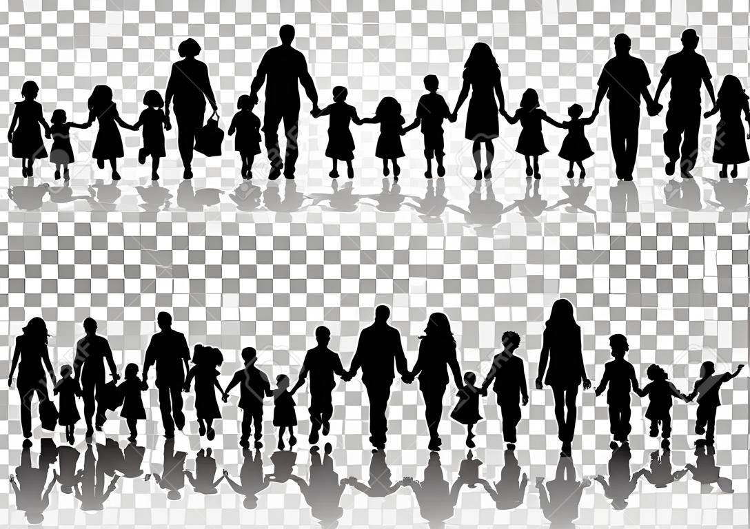 Large Set family Silhouettes Parents with Children holding Hands, vector illustration isolated on transparent background