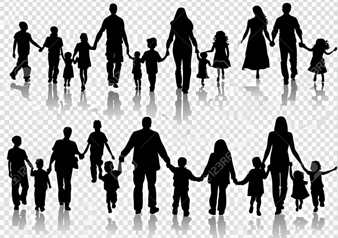Large Set family Silhouettes Parents with Children holding Hands, vector illustration isolated on transparent background