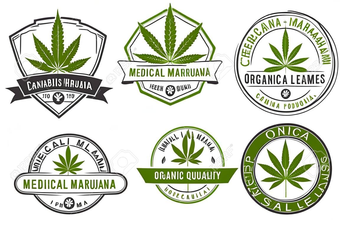 Étiquettes de produits de marijuana médicale avec des feuilles de chanvre biologique. Modèle de conception de logo de cannabis pour l'emblème, la thérapie médicale de bien-être, l'autocollant ou la publicité. Illustration vectorielle isolée